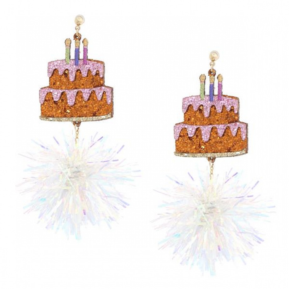 Birthday Cake Tinsel Pom Pom Earrings