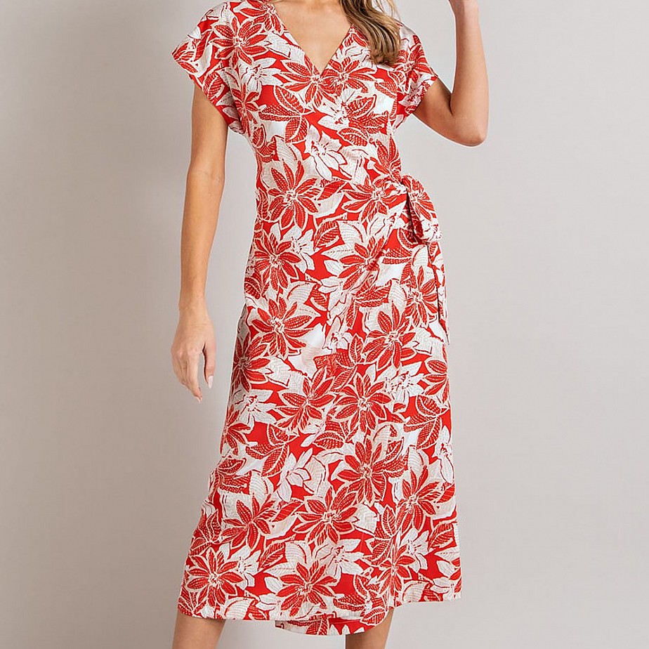 V Neck Floral Wrap Midi Dress