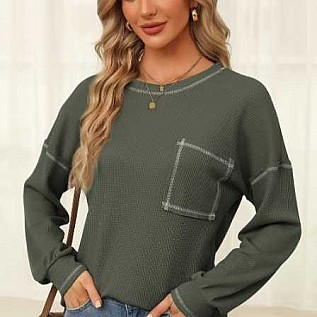 Contrast Stitching Waffle Textured Top