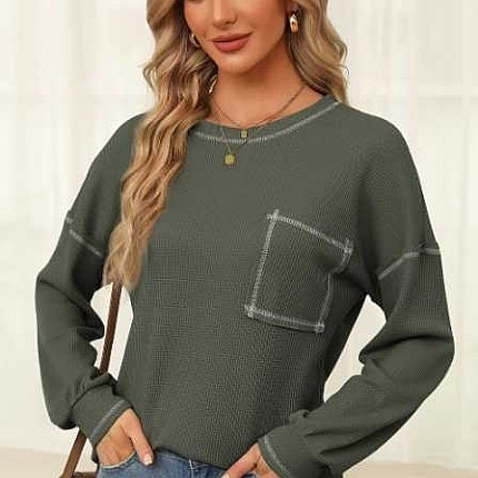 Contrast Stitching Waffle Textured Top