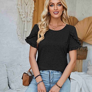Round Neck Petal Ruffled Sleeve Top
