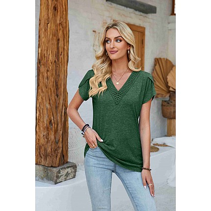 Crochet Accent V Neck Top with Tulip Detail Sleeves 