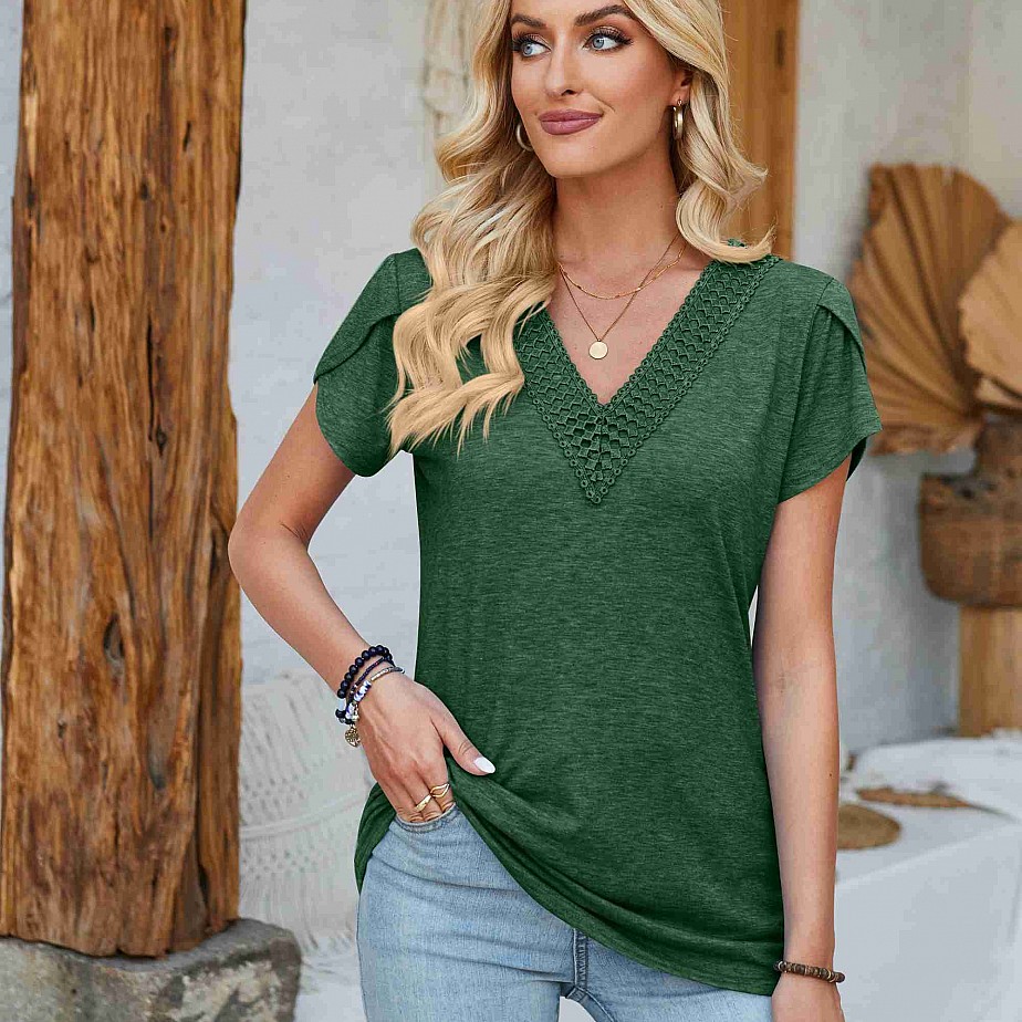 Crochet Accent V Neck Top with Tulip Detail Sleeves Crochet Accent V Neck Top with Tulip Detail Sleeves