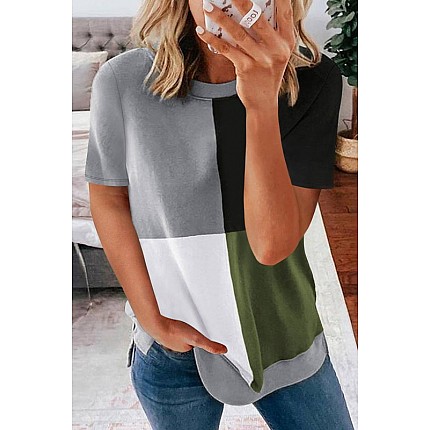 Round Neck Color Block Top with Side Slits